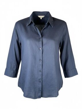 L.L. Bean Linen Shirt Navy 3/4 Sleeve Button Down Large